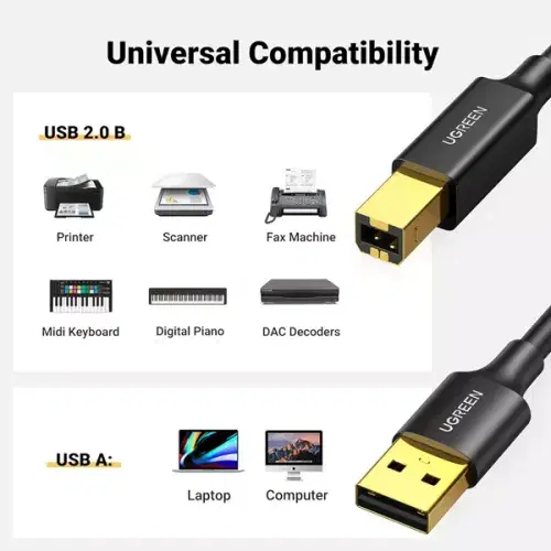 Ugreen USB 2.0 AM to BM Print Cable 3m - Black ,