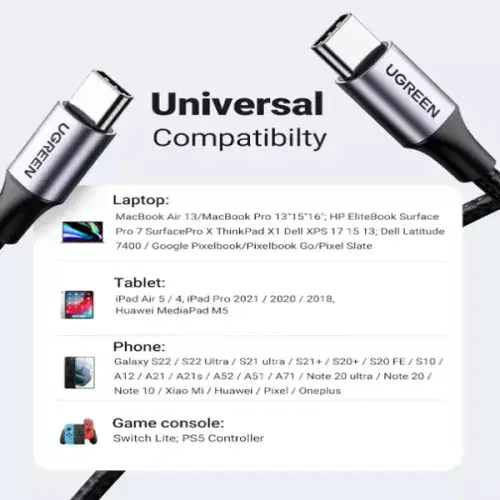 Ugreen USB-C 2.0 to USB-C 2.0 Cable 100W 2m - White ,
