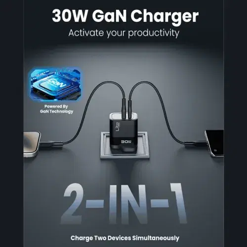 Moxedo Lite 30W GaN Charger USB-A/USB-C Ports Fast Charging PD 3.0 with USB-C to USB-C 1.2 Meter Cable ,