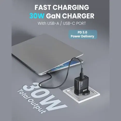 Moxedo Lite 30W GaN Charger USB-A/USB-C Ports Fast Charging PD 3.0 with USB-C to USB-C 1.2 Meter Cable ,