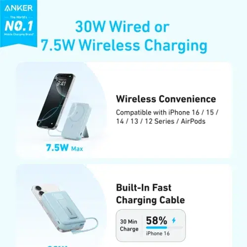 Anker Zolo 10000mAh 30W Magnetic Wireless Power Bank With USB C Cable A1685H11 ,